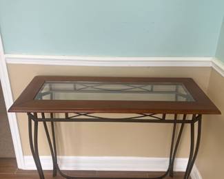 Iron base entry table w/glass top, 37" x 15.5", $35 Sale Pending
