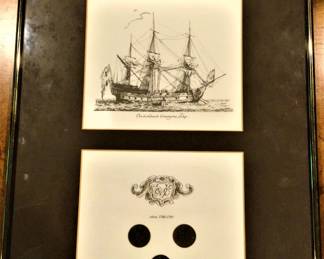 Dutch Ship Print/ Authentic Coins Circa 28th Century