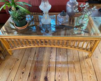 Mid Century Rattan Cocktail Table Glass Top