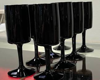 MCM Bjorksholt from Sweden, Black Handblown Wine Glasses from the 1950's.  This is an amazing set of 8 that must be seen to be appreciated.  Smaller size, advertised as wine, but would now be considered snifter or cordial sized.