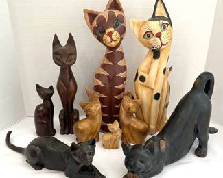 Nine Carved Wooden Cat Figurines