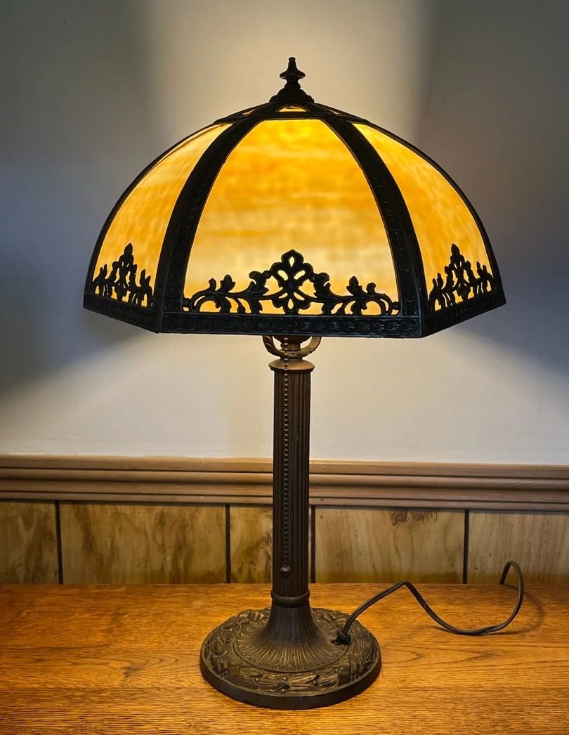 Art Deco Bent Caramel Slag Glass Lamp - Imperfect
