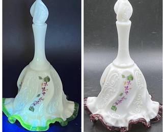 Fenton Art Glass Opalescent Handpainted Bell with Glowing Ruffled Edge
