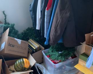 Clothes; holiday items; jackets and vests; boxes to open up!
