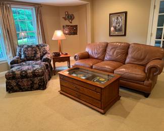 Clayton Marcus Upholstered Armchair & Ottoman,  Whittemore-Sherrill Brown Leather Sofa, Lexington 3 Drawer Display Case Coffee Table & Lexington 1 Drawer End Table