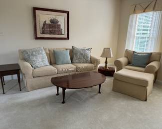 Jordan Alexander Upholstered Sofa (35"D x 84"W x 28-1/2" Back Height) & Jordan Alexander Upholstered Sofa (35"D x 42"W x 28-1/2" Back Height) & Harden Drop Leaf Oval Coffee Table 