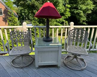 Hanamint Outdoor Cast Aluminum Swivel Armchairs & Decorative Outdoor Box with Outdoor Lamp