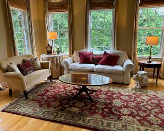 Craftsman Furniture Sofa, Upholstered Loveseat & Oval Inlayed Pedestal Coffee Table