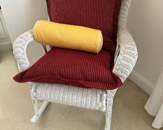 White Wicker Rocker Armchair with Oversized Pillows