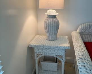 White Wicker Square End Table(16"D x 22"W x 28"H) with White Wicker Lamp & Accents 