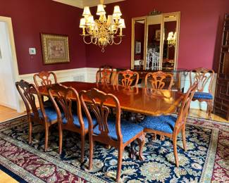 Baker Rectangular 2 Pedestal Dining Table (46"W x 30"H x 54"L + 2 Leaves - 22"L) (46"W x 30"H x 54"L + 2 Leaves - 22"L) with Upholstered Side Chairs (10 Total)