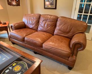 Whittemore-Sherrill 3 Seat Brass Nail Trim Distressed Leather Sofa (89"W x 40"D x 35" Back Height)