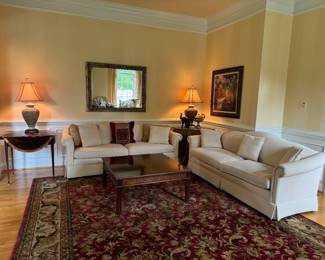 Drexel Upholstered Camel Back Sofas / Square Coffee Table & Council Furniture Drop Leaf Side Table 