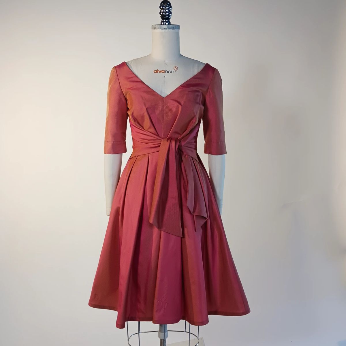 Kevan Hall Signature- One of a Kind- Coral 3/4 Sleeve Silk Shantung Tie Front Dress