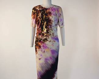 Kevan Hall Signature Impressionistic Dress with Purples, Gold, Black and White 