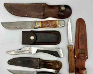(4) Knives With Holsters Sharp, Colonial & Globemaster
