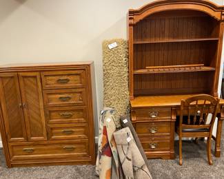 5 - Drawer Dresser in good condition.                                                       Oak Desk with removable Hutch and Chair