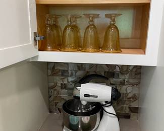 Set of 9 Glasses Clear with light golden stem                                                                                             Set of 8 Glasses Gold colored with air bubble design                                                                                            Sunbeam Mixmaster Mixer