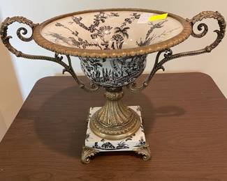 Vintage Mark Roberts Pedestal Bowl Porcelain              Brass / Hand Painted