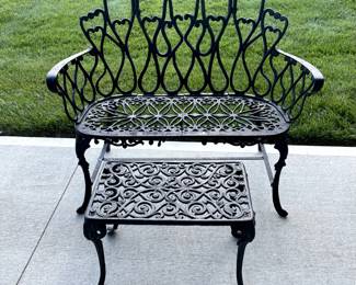 Black Wrought Iron Love Seat and Small Table