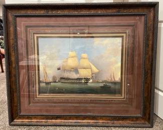 Vintage Oil Painting      46 inch x 38 inch                                              Sailboat Ocean Gold Foil Etched  with Triple Matting                                                        HMS Revenge                                                                                                Picture Galleries Inc.