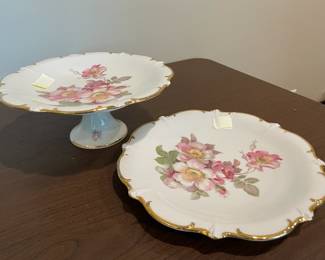 Vintage  Shumann Arzberg, Germany Bavaria Pedestal Cake Stand Wild Rose 12 inch Footed with matching plate / platter