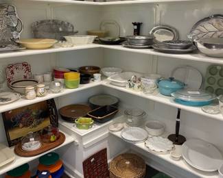Kitchen Ware                                                                                                 Vintage cookware, Armetale Serving Pieces, Pyrex, Platers, Set of Canisters, Plate Chargers, and more.