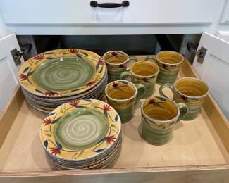 Set of Stoneware from Pier One Hand painted                        Dishwasher and Microwave Safe                                                       8 Plates, 8 Salad Plated, 6 Coffee Mugs