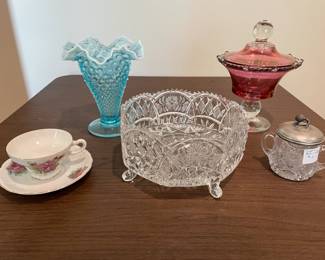Vintage Fenton Blue Hobnail Ruffled Vase                                  Vintage Paden City Cranberry Flash Glass Beaded Dish    Heavy Cut Glass Lead Crystal Bowl - 4 Footed                          Vintage Crystal Sugar Bowl  with acorn top