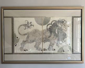 Framed Kinder & Harris Lion Print Signed KH