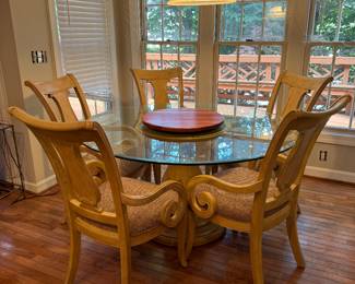 Bernhardt Glass Top Pedestal Dining Table (56"D x 29-1/2"H) & Bernhardt Upholstered Seat Armchairs (5 Total)