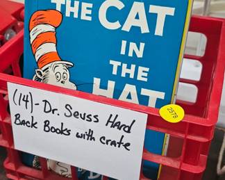 LOT OF DR SUESS BOOKS AND CRATE