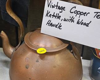 VINTAGE COPPER KETTLE WITH WOOD HANDLE