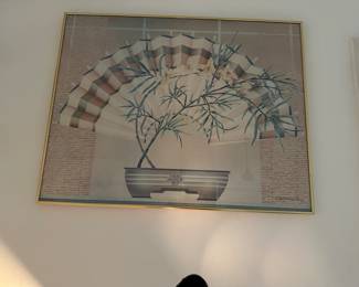 Eighties on parade wall art fan behind bonsai