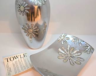 Hor D'Oeuvres silver platter and vase with Mother of Pearl inlay. Towle