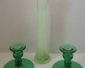 Two Uranium Glass Candlesticks and Vase Glows