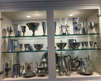 Various pewter hardware, bowls, and serving ware. 