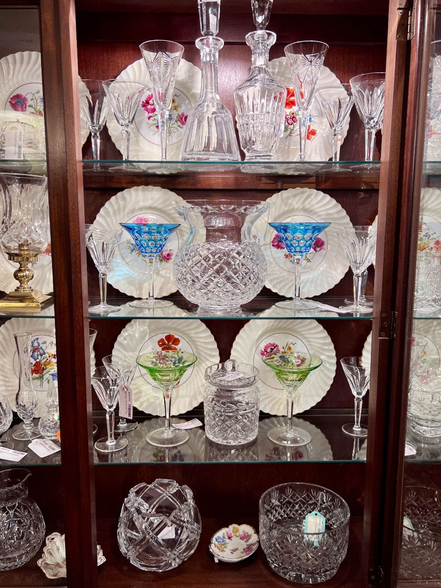 Collection of Waterford including Sheila Wine Glasses, Millennium All 5 Universal Toasts Champagne Flutes, Martini Glasses.
Dresden Crystal Bowl, Orrefors Crystal, Bowl, Fifth Avenue Crystal Pitcher, Minton Vintage Plates