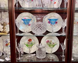 Collection of Waterford including Sheila Wine Glasses, Millennium All 5 Universal Toasts Champagne Flutes, Martini Glasses.
Dresden Crystal Bowl, Orrefors Crystal, Bowl, Fifth Avenue Crystal Pitcher, Minton Vintage Plates