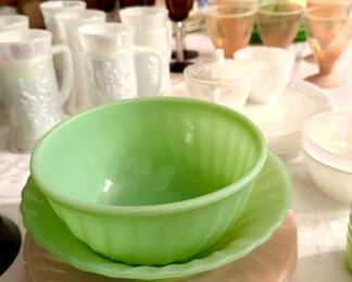 Fire King jadeite and pink swirl bowls and plates 