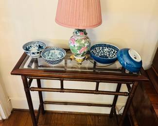 Bamboo Glass Top Table, Porcelain Lamp, Blue and White Porcelain Bowls