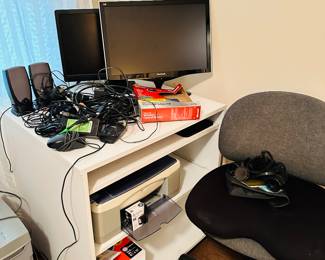 Electronics, Monitors, Desk, Office Chair, Printer, Dell Hard Drive, Speakers, Paper Shredder