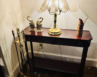 Cherry Entry Table, Brass Touch Lamp, Brass Book Ends, Fireplace Tools, etc.