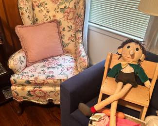 Pinnochio, Upholstered Arm Chair, Un pictured Blue Upholstered Sofa Bed