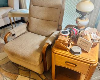 Reclining Chair, Oak Side Table, Double Belly Hand Painted Bohemian Glass Lamp, Coasters and Sea Shells