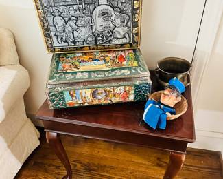 Cherry Chippendale Style Side Table, Vintage German Tins, Mr. Roger's Policeman Puppet
