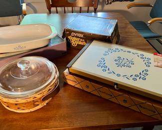 Vintage serving pieces, including pyrex baker & basket set, Corningware roasting dish and heated serving tray 