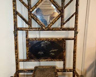 Vintage Bamboo Frame Glass Table Mirror Foyer Hall Tree Rack 