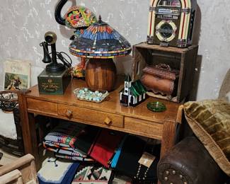 Mission style table, candlestick phone, wooden lamp with dragonfly shade, Indian blankets/rugs