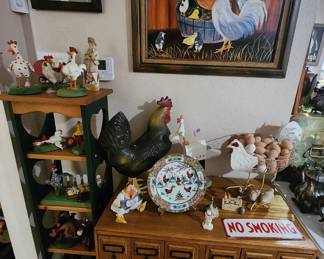 Vintage magazine chest, Department 56 chicken collection and other chicken items